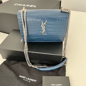YSL blue mini croc embossed sunset chain bag